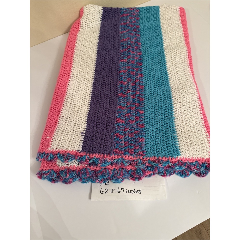 Handmade Crochet Afghan Blanket Pink White Purple Teal Striped Throw 62x67